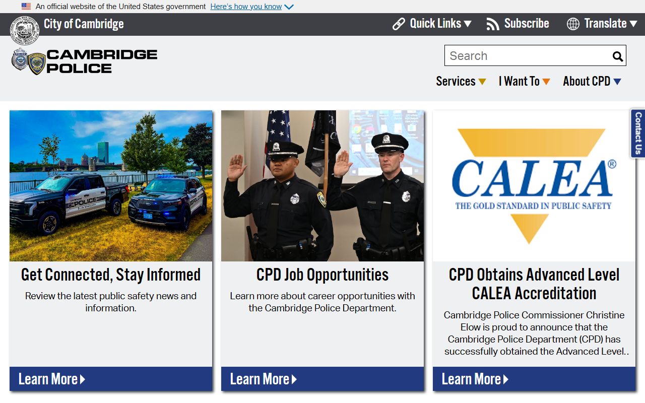 Cambridge Police Department homepage for 72 hour booking records