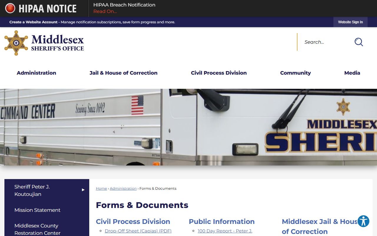 Middlesex County Sheriff forms and documents page for 72 hour booking requests