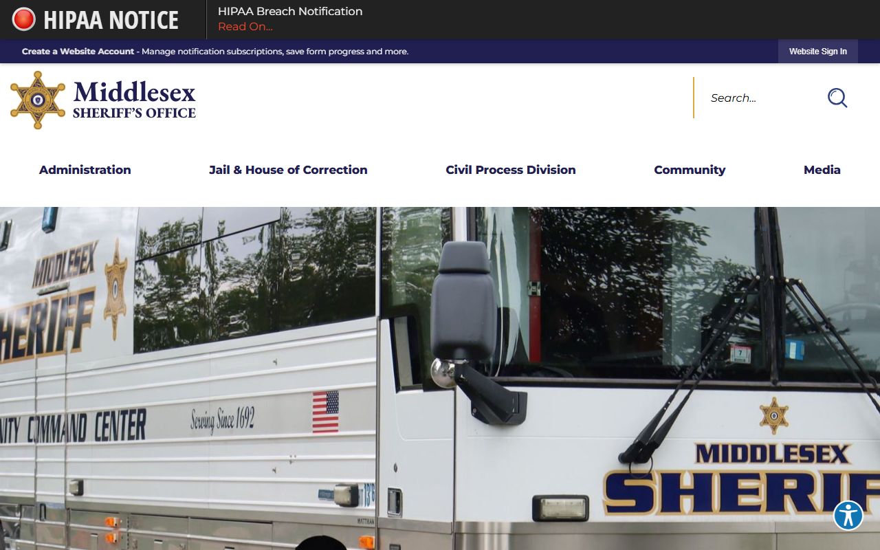 Middlesex County Sheriff homepage for 72 hour booking information