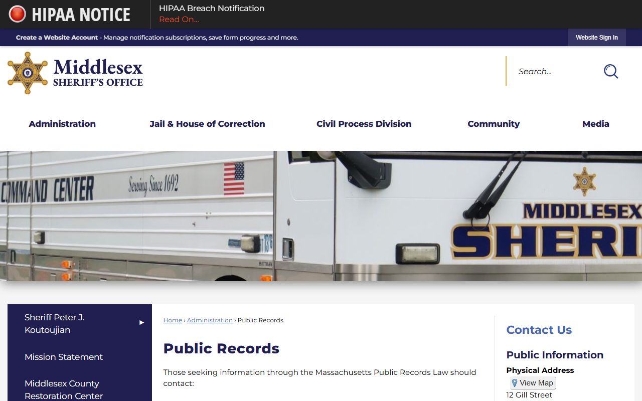Middlesex County public records request page for 72 hour booking