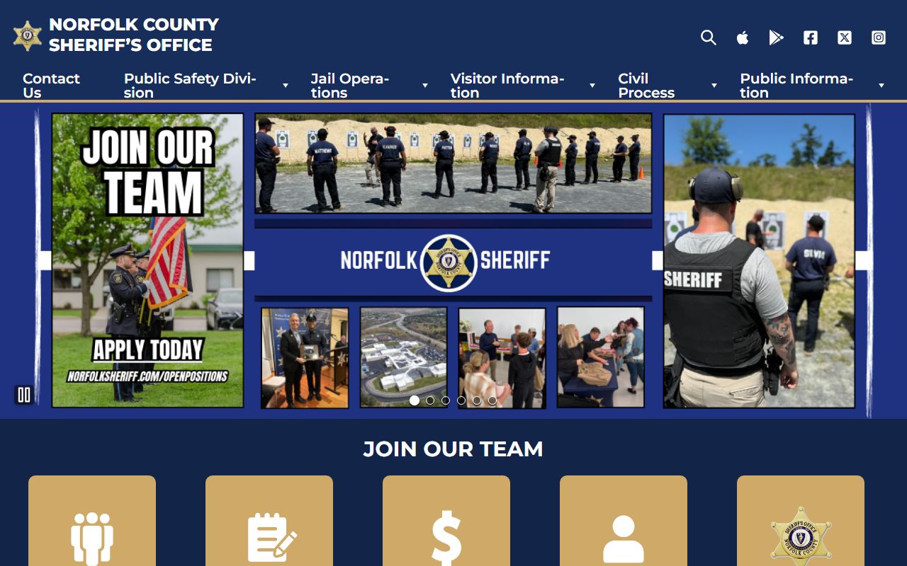 Norfolk County Sheriff homepage with 72 hour booking contact information