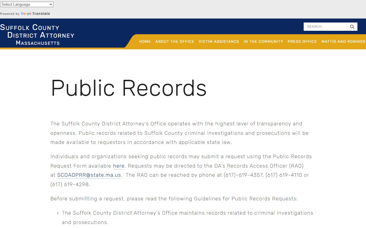 Suffolk County District Attorney public records page for 72 hour booking data