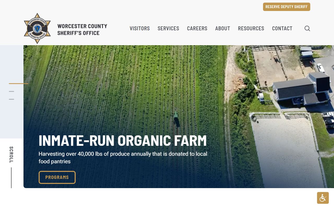 Worcester County Sheriff homepage with 72 hour booking resources