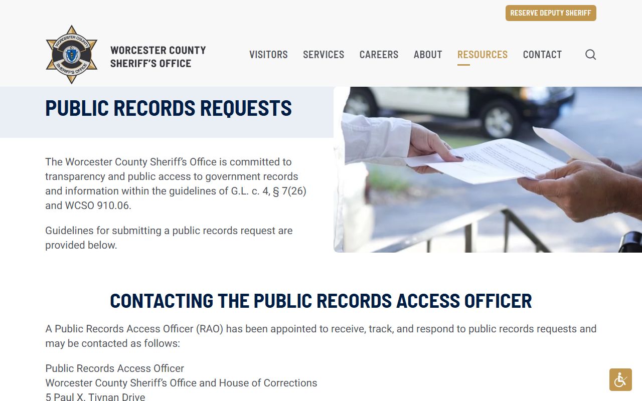Worcester County public records request page for 72 hour booking